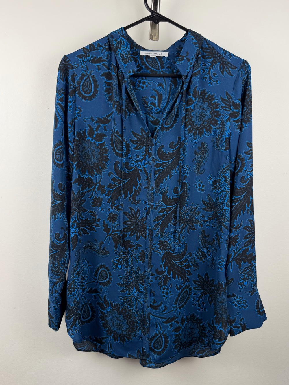 Rose & Olive Blue Paisley Floral Blouse Long Sleeve - Size S